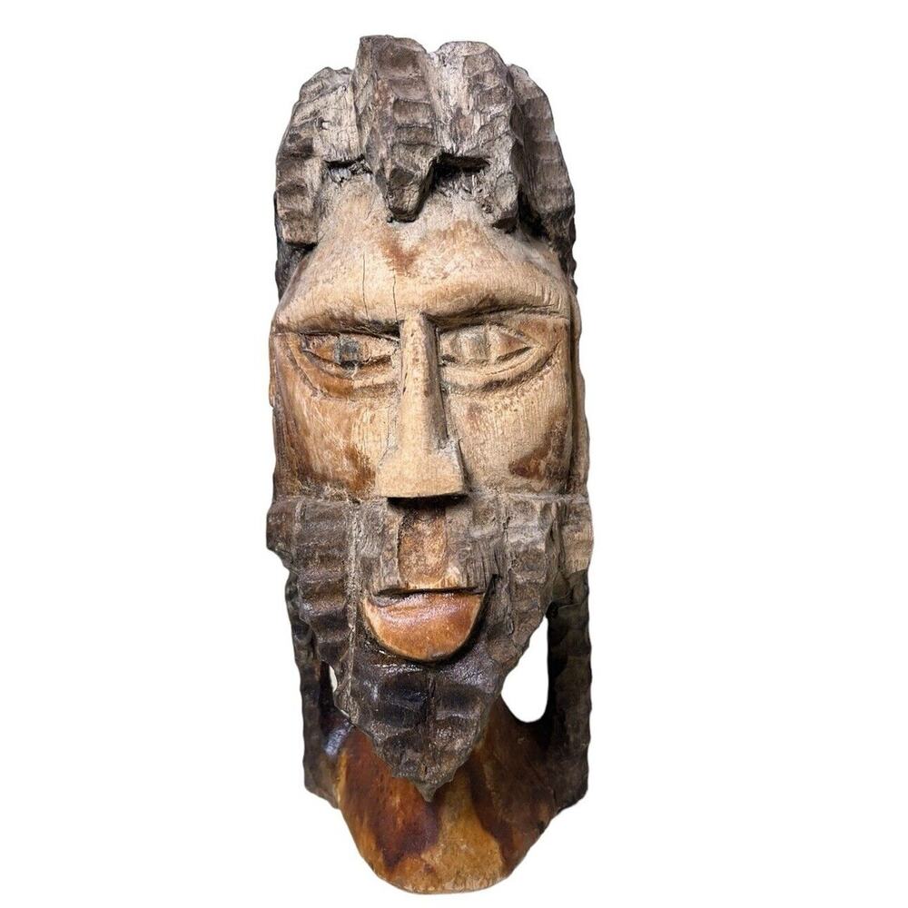Carved Wood Man Dreadlocks Beard Bust Head Rastafari Brown Sculpture Folk Art